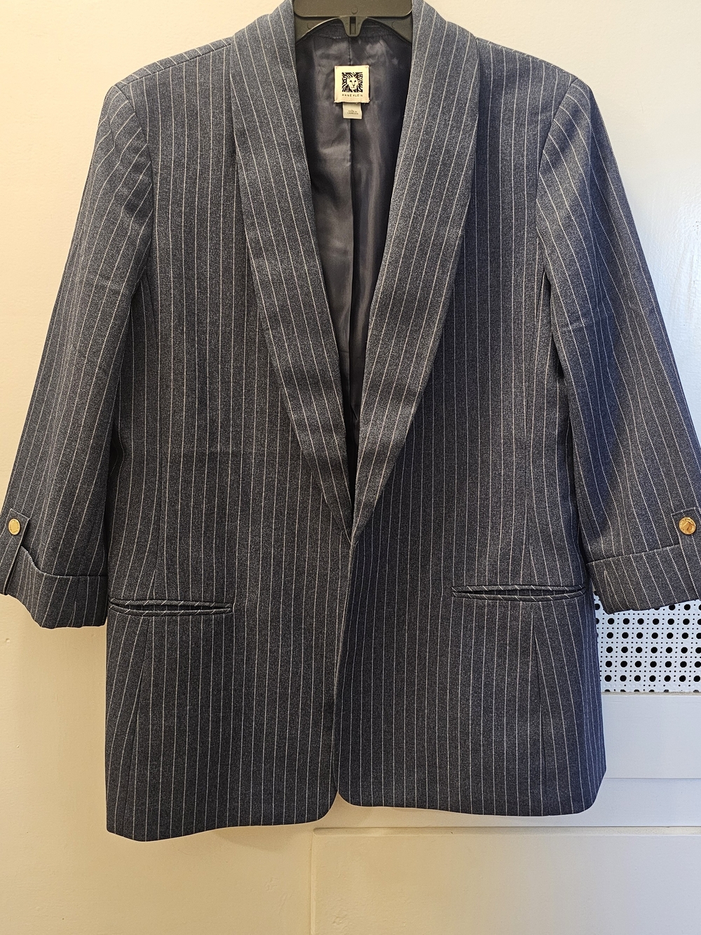 Anne Klein Women's Navy Pinstripe Blazer with Shawl Lapel